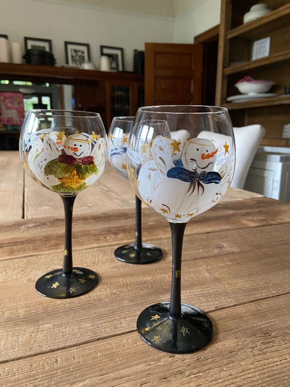 hand painted christmas wine glasses, snowman angel wine glasses set, holiday ste